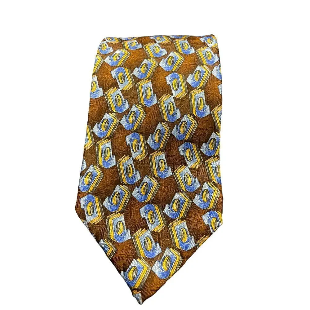 Ermenegildo Zegna Silk Tie Brown Blue Geometric‎ Pattern Luxury Necktie Z-117